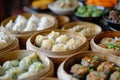 Close-up of a Chinese dim sum in bamboo steamers. Generative AI Royalty Free Stock Photo