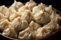 close-up Chinese dumplings in a wooden bowl. Delicious and authentic Asian gyoza steamed in a bamboo steamer