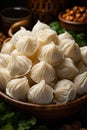 close-up Chinese dumplings in a wooden bowl. Delicious and authentic Asian gyoza steamed in a bamboo steamer