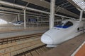 Close up of a Chinese fast train inside the newly opened high speed train station in Kunming. The new fast train station links Kun