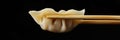 close up chinese steamed dumpling held with chopsticks Royalty Free Stock Photo