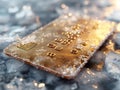 Close up of chip for secure payment, golden credit card frozen in ice, concept of frozen bank account Royalty Free Stock Photo