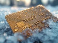 Close up of chip for secure payment, golden credit card frozen in ice, concept of frozen bank account Royalty Free Stock Photo