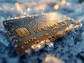 Close up of chip for secure payment, golden credit card frozen in ice, concept of frozen bank account Royalty Free Stock Photo