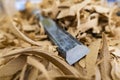 Close-up of a chisel in a craftsman carpentry