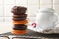 Close-up Choco pie chocolate and orange flavour biscuits on a white Table with copy space Royalty Free Stock Photo
