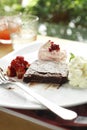 Close up chocolate cake and strawberry sauce