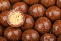 Close up of chocolate candy balls. Confectionery textered background