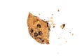 Close up of chocolate chip cookie pieces with crumbs isolated on white background. Royalty Free Stock Photo