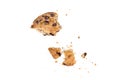 Close up of chocolate chip cookie pieces with crumbs isolated on white background. Royalty Free Stock Photo