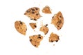 Close up of chocolate chip cookie pieces with crumbs isolated on white background. Royalty Free Stock Photo