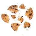 Close up of chocolate chip cookie pieces with crumbs isolated on white background. Royalty Free Stock Photo