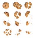 Close up of chocolate chip cookie pieces with crumbs set collection isolated on white background. Royalty Free Stock Photo