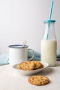 Close-up of chocolate chip cookie, white plate, cup with spoon, bottle of milk with blue straw and blue cloth, on table Royalty Free Stock Photo