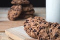 Close up Chocolate chip cookies on a wooden background with milk. No people. Concept raw food. Front. Gastronomy concept Royalty Free Stock Photo