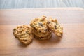 Close up of Chocolate chip cookies on wooden plate. Royalty Free Stock Photo