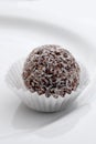 Close up on a chocolate and coconut rum ball on a white plate Royalty Free Stock Photo