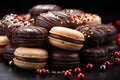 A close up of chocolate covered macarons arranged in a festive wreath, xmas images, AI Generated