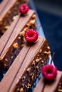 Close-up of chocolate dessert with raspberries and nuts, catering table setting Royalty Free Stock Photo
