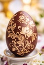 Close-up chocolate Easter egg with edible gold leaf design