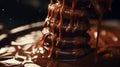 A close-up of a chocolate fountain flowing smoothly with velvety chocolate in