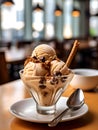 Tasty chocolate ice cream in a bowl at restaurant