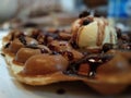 Close up of a chocolate ice cream waffel