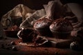 Close up of chocolate muffins. Pieces of milk chocolate on top of cupcakes. Cocoa powder in the background. Royalty Free Stock Photo