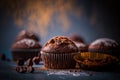 Close up of chocolate muffins. Pieces of milk chocolate on top of cupcakes. Cocoa powder in the background. Royalty Free Stock Photo