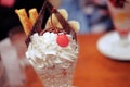 close up, a chocolate parfait served with chocolate wafer, cherry, bread stick and banana Royalty Free Stock Photo