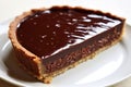 Close up of a chocolate tart on white plate