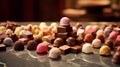 Close-up of chocolates of different shapes on the table. Generative AI. Royalty Free Stock Photo