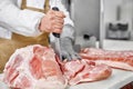 Close up of raw meat and butcher cutting meat with knife. Royalty Free Stock Photo