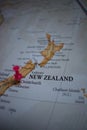 Close up of Christchurch pin pointed on the world map with a pink pushpin Royalty Free Stock Photo