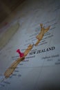 Close up of Christchurch pin pointed on the world map with a pink pushpin Royalty Free Stock Photo