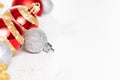 Close up Christmas balls with red ribbon and snowflake