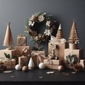 Close up Christmas composition with craft paper gift boxes, small Christmas trees decor Royalty Free Stock Photo