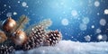 close up on Christmas decor adornments, pinecones, branches and spheres on a snow surface, blue background with snowflakes out of Royalty Free Stock Photo