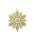 Close up christmas decoration golden snowflake isolated on white background