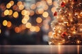 Close up Christmas fir branches with balls and blurred golden bokeh lights on the background. Merry Xmas and Happy New Year Royalty Free Stock Photo