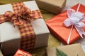 Close-up of a Christmas gift box decorated with a pretty bow Royalty Free Stock Photo