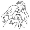 Close-up Christmas nativity scene of Joseph and Mary holding baby Jesus vector illustration sketch doodle hand drawn with black