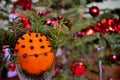 Close-up of Christmas Orange decorated with pines and cloves