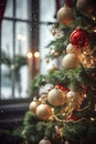 Close up of Christmas ornament with christmas tree branches on blurred festive background