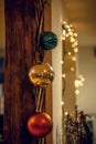 Close up Christmas ornaments hanging on wall concept photo Royalty Free Stock Photo