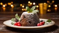 A close-up of a Christmas pudding, adorned with a sprig of holly