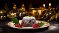 A close-up of a Christmas pudding, adorned with a sprig of holly