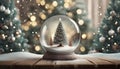 Christmas snow globe with a snow-covered Christmas tree and lights inside, on a brown wooden table Royalty Free Stock Photo