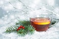 Christmas tea in transparent cup Royalty Free Stock Photo