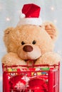 Close up of Christmas teddy bear and shopping cart Royalty Free Stock Photo